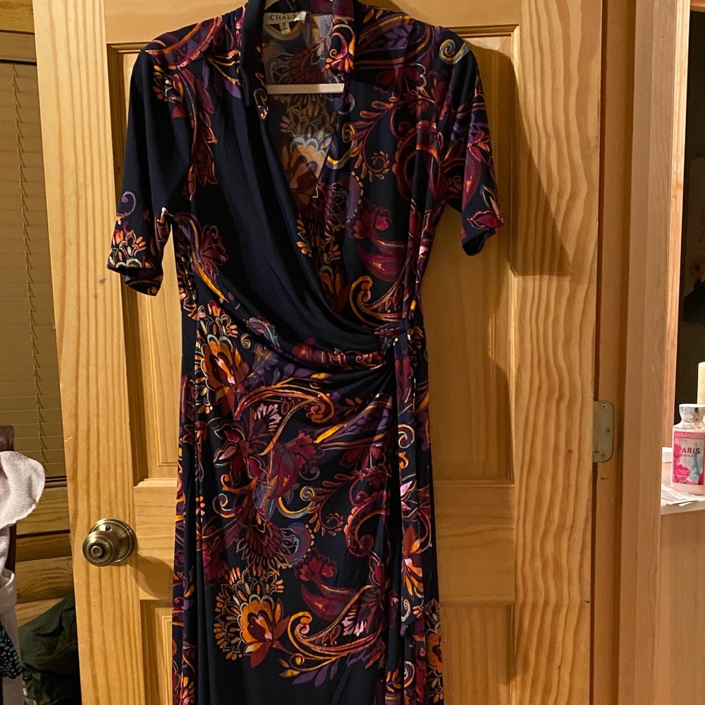 Chaps Navy and Burgundy Floral Wrap Dress